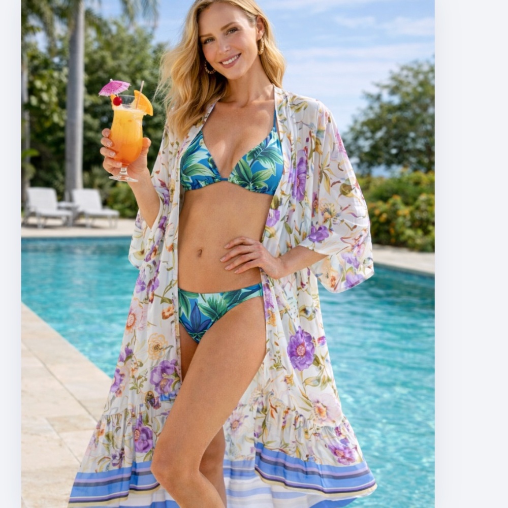NWT UMGEE Kimono Open Cardigan S/M Long Robe Swim Cover Up Resort Floral Boho - Picture 6 of 11